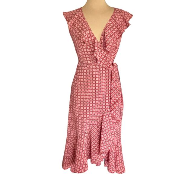 Max Studio Midi Wrap Dress Womens LARGE Ruffled Asymmetric Hem Feminine Romantic - Picture 2 of 11